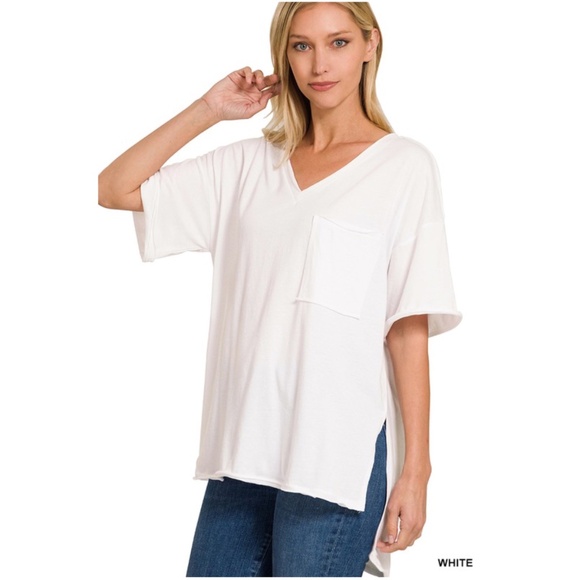 Zenana Solid Raw Edge Side Slit Loose Fit Cotton Tee - Picture 4 of 5